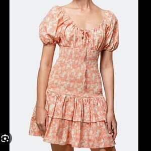 lusana blance orange paisley print shirred puff sleeve mini summer dress small